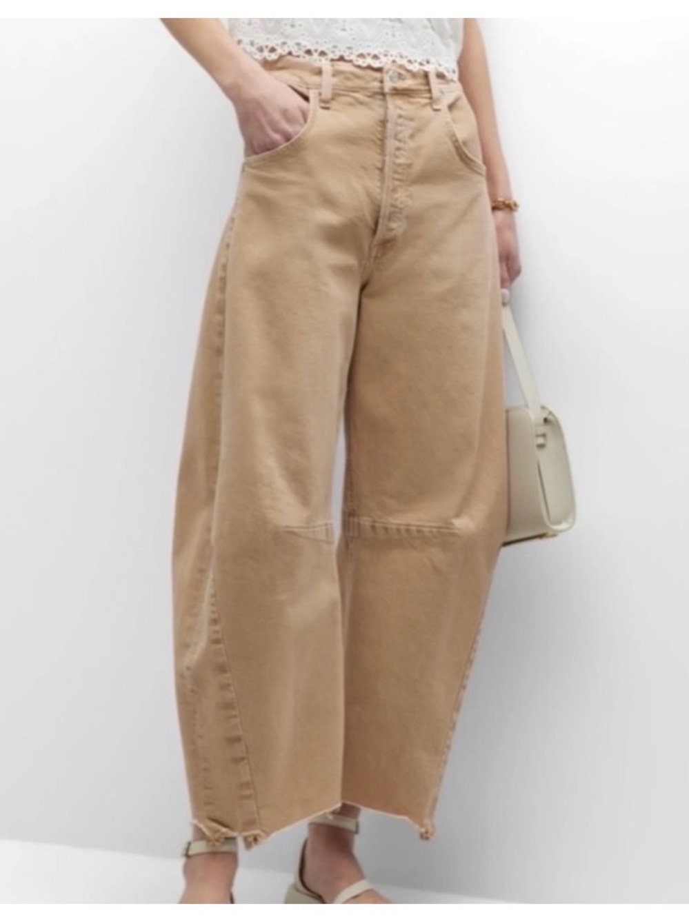 Citizens of humanity woman’s barely jeans size 25 tan frayed hem button fly